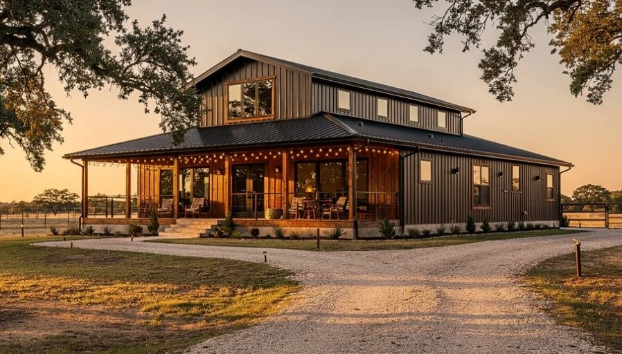 Two-story Texas barndominium with wraparound porch and metal roof at sunset