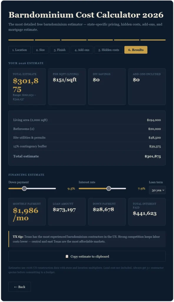 Screenshot of Barndominium Cost Calculator 2026 results showing total estimate breakdown and dynamic calculation logic.
