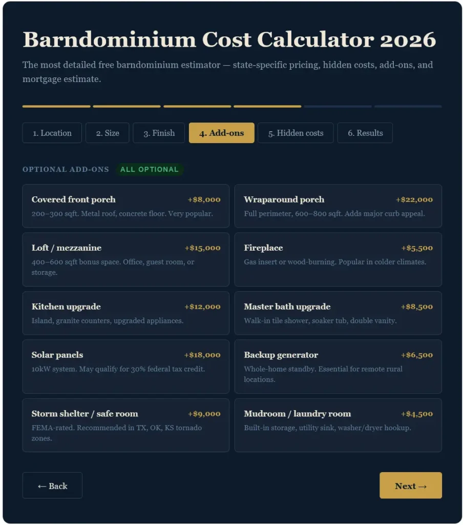 Barndominium cost calculator step 4 optional structural upgrades and features layout