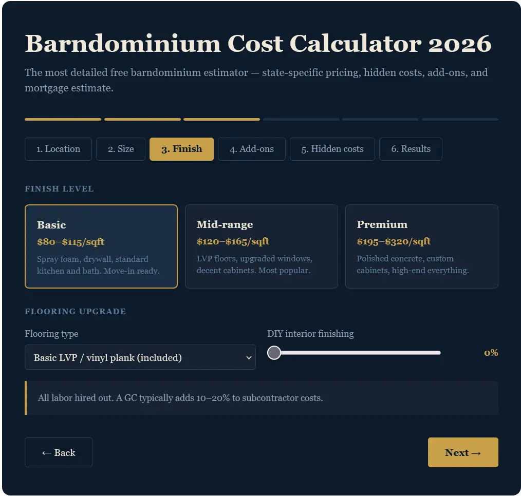 Barndominium cost calculator step 3 finish level options and DIY slider