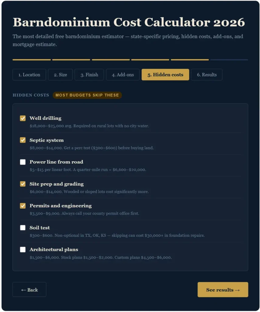 Barndominium cost calculator step 5 hidden infrastructure and site prep expenses checklist