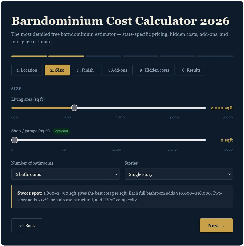 Barndominium cost calculator step 2 dimensions and size inputs layouts