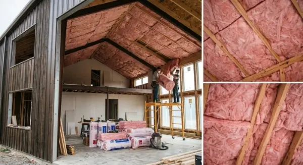 Fiberglass batts insulation installation in a modern barndominium construction.