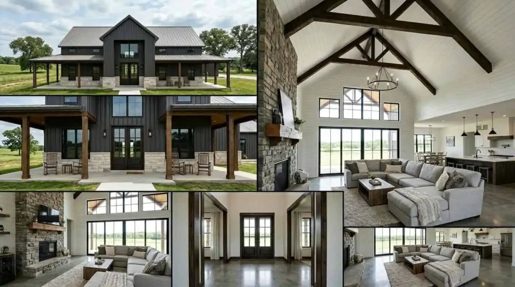 Luxury custom barndominium exterior with dormers and black metal roof, plus modern farmhouse interior with vaulted ceiling, stone fireplace, and oversized windows. These upgrades add $20,000 to $50,000 over a basic barndominium design.