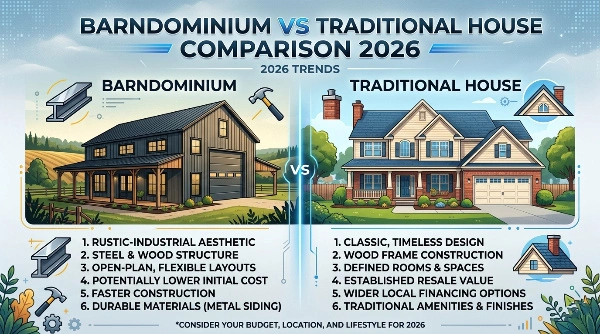 A side-by-side comparison image of a modern barndominium vs house highlighting 2026 building trends.