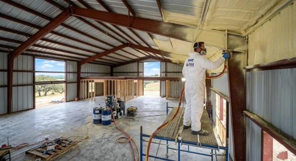 Professional contractor applying closed-cell spray foam insulation to the steel frame and roof of a modern barndominium house.