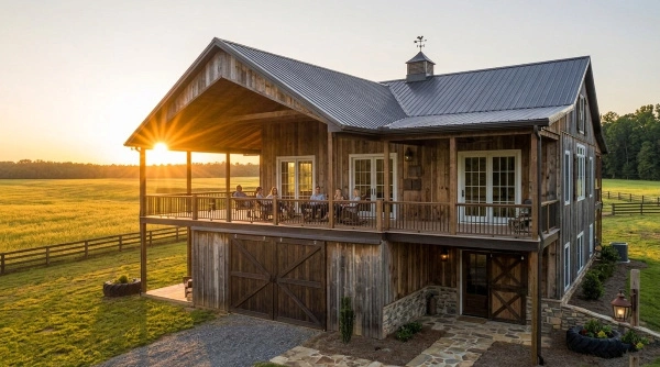 farmhouse-style-barndominium-exterior.webp Two story barndominium exterior with metal roof and stone foundation
