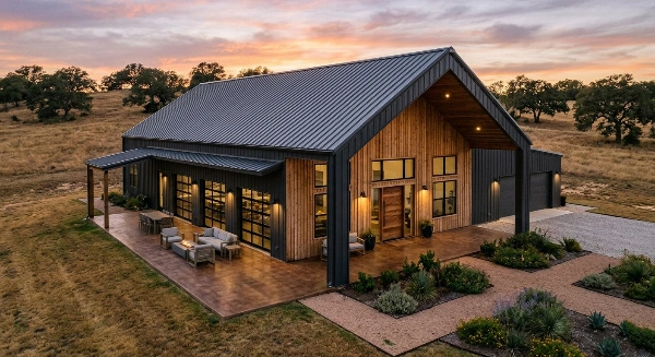 Modern black barndominium in 2026 house with wooden accents and outdoor patio at sunset