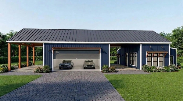 A modern navy blue barndominium featuring two garages, a dark metal roof, and a covered side porch with wooden pillars.