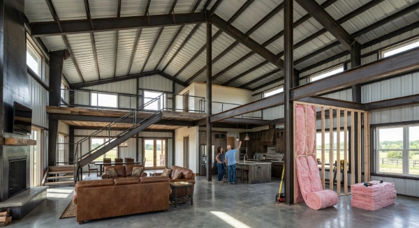 Open concept steel frame barndominium interior with a loft and high ceiling.