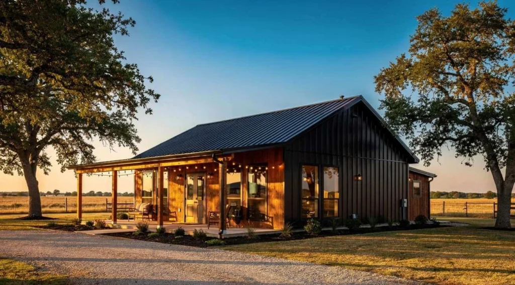 Modern black barndominium in Texas with covered porch and wood accents at golden hour. This Barndominium Cost Per Sqft in Texas is very low