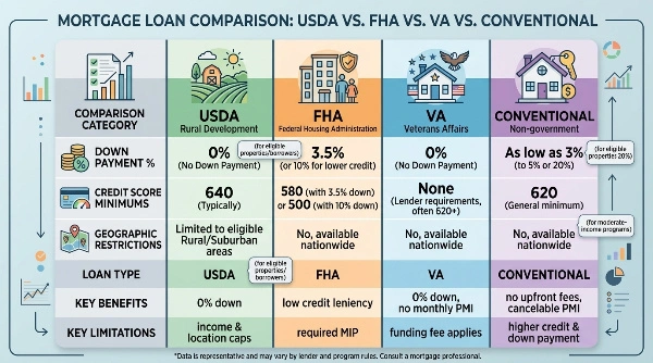 Barndominium financing loan comparison table showing USDA vs FHA vs VA vs Conventional loan options for 2026.