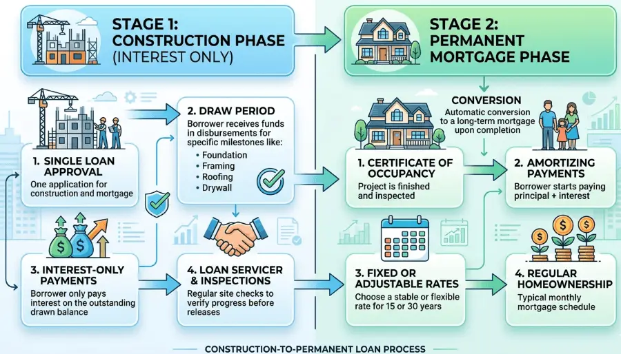 Barndominium financing process showing construction loan, draw schedule, interest-only payments, and conversion to a permanent mortgage in 2026.