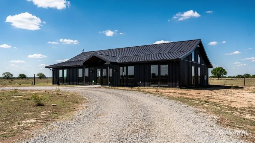 Modern barndominium exterior on rural Texas property — barndominium financing guide 2026