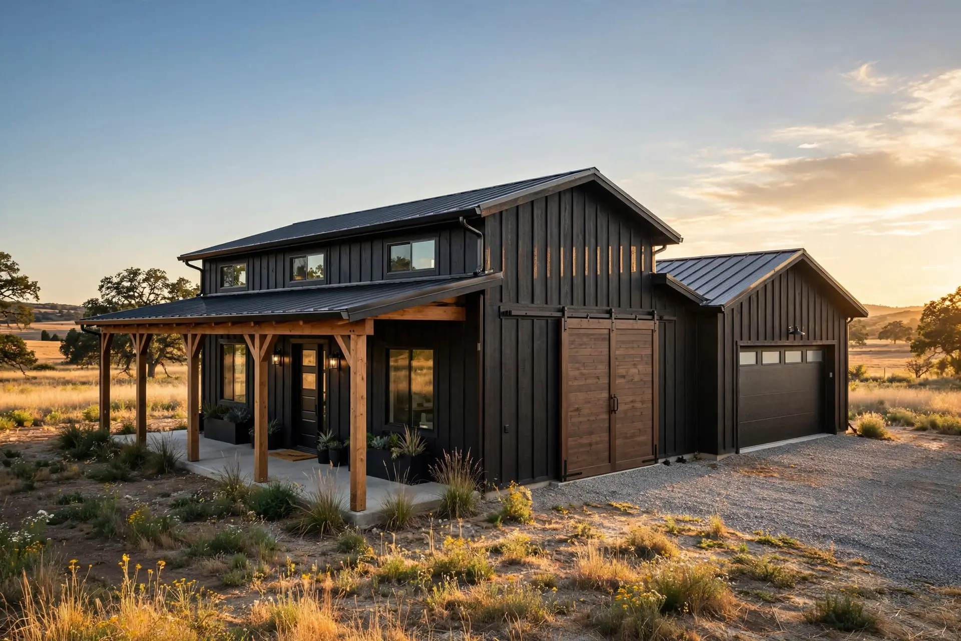 Exterior of a modern barndominium with an attached garage and workshop, metal roofing, board-and-batten siding, and a covered front porch at golden hour