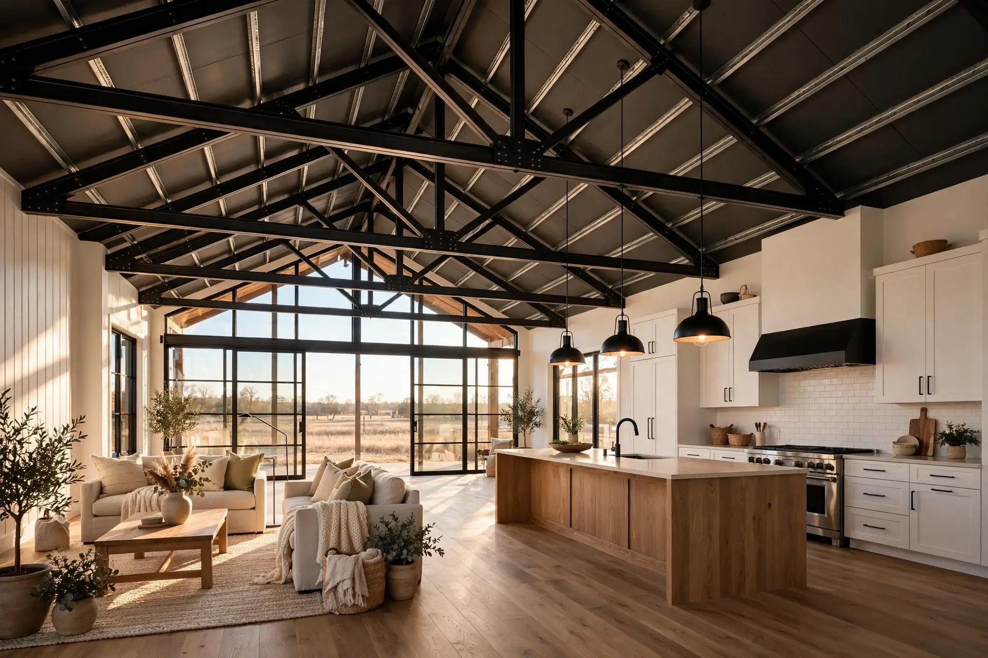 Open-concept barndominium floor plans with vaulted ceiling, exposed black steel trusses, kitchen island, and floor-to-ceiling windows