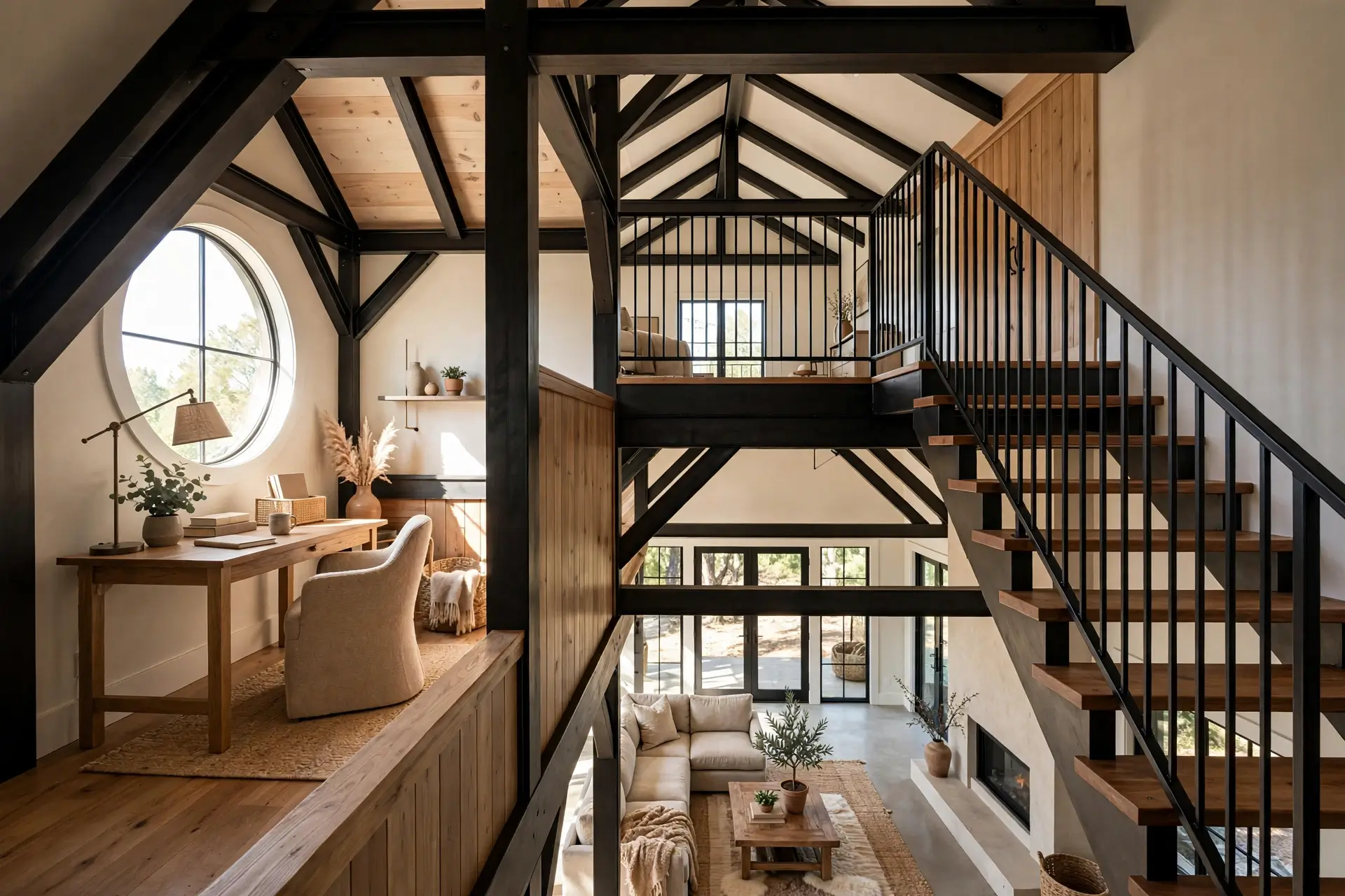 Barndominium loft with black steel trusses overlooking a double-height great room, wood staircase with metal railing, and home office nook by a round window