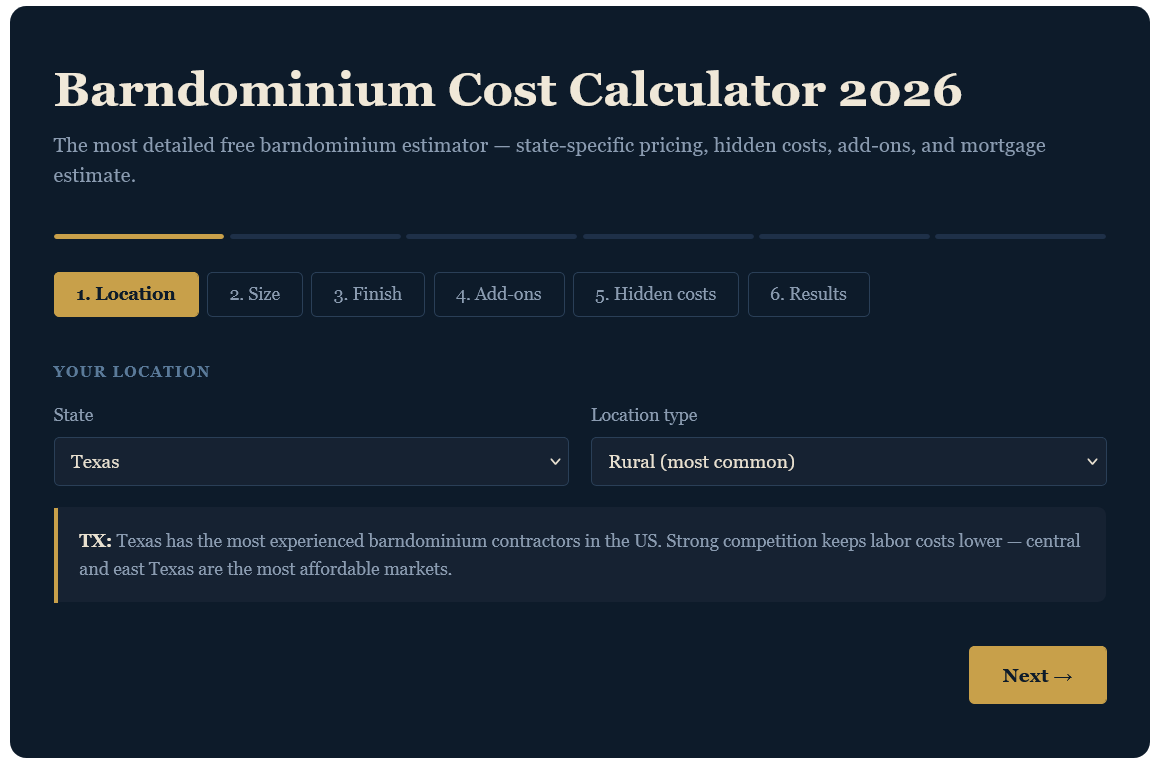 Barndominium Cost Calculator 2026 interface showing location, size, finish, and hidden cost input steps