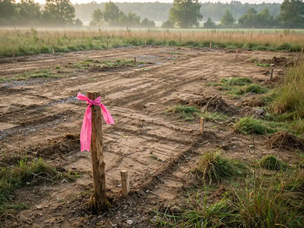 Rural building lot staked out with survey stakes and pink flagging tape before barndominium construction