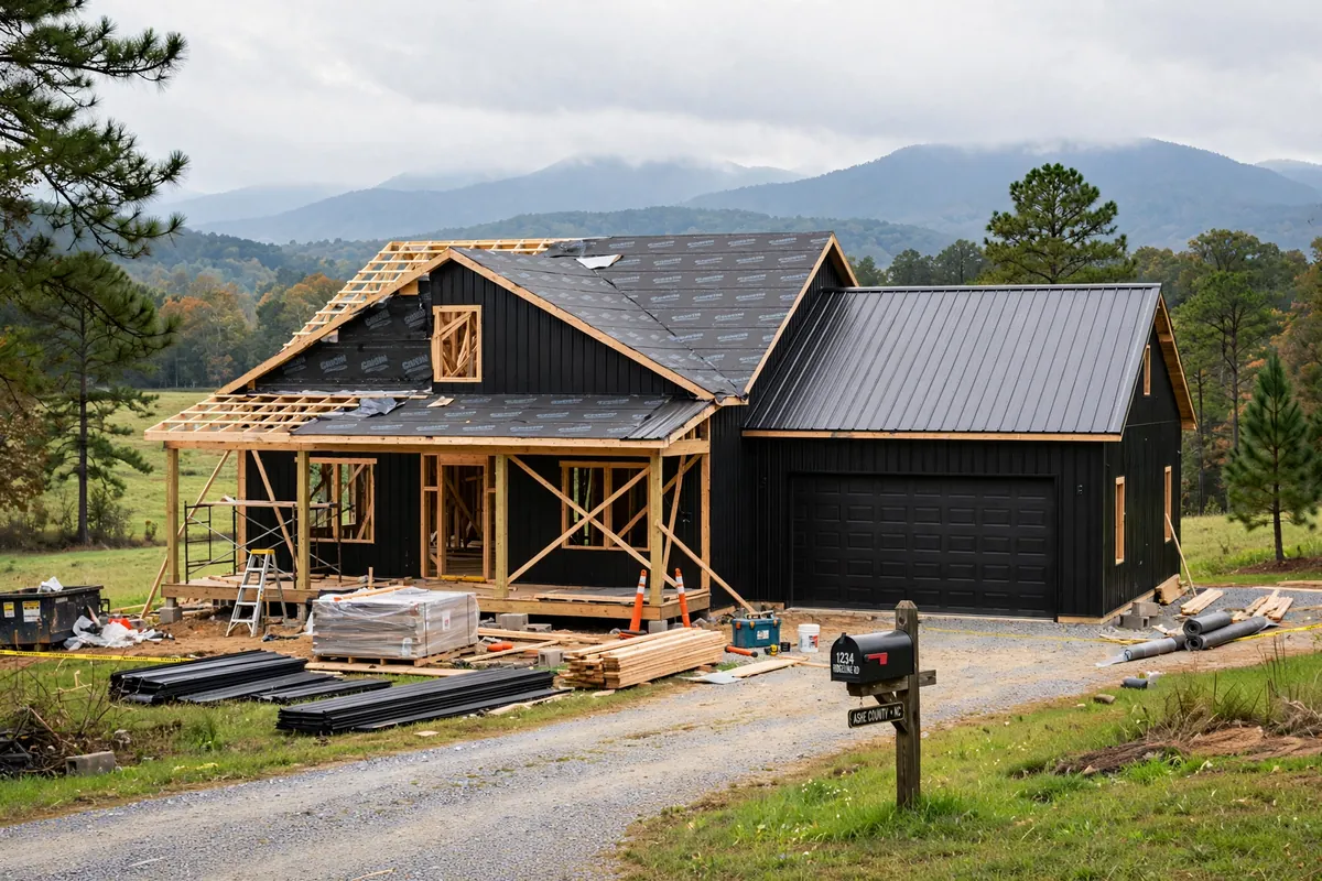 Barndominium under construction in North Carolina with metal roofing and siding partially installed