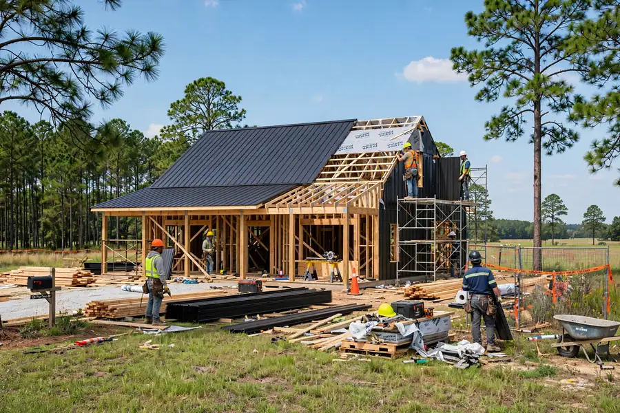 Construction crew installing roofing and siding on a Mississippi barndominium build