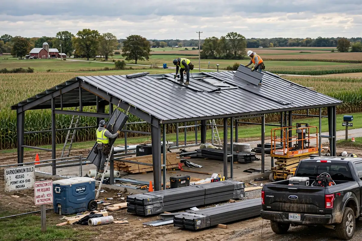 Construction crew assembling a steel barndominium kit frame on a rural Indiana site
