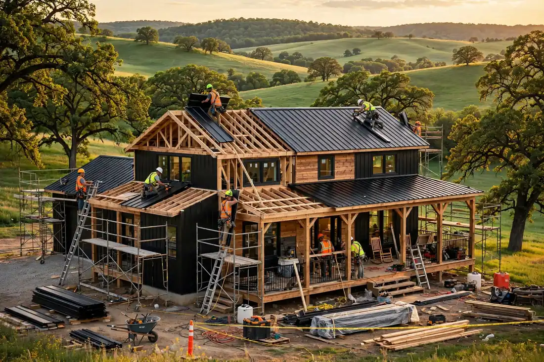 Construction crew installing metal roofing on a Missouri barndominium build