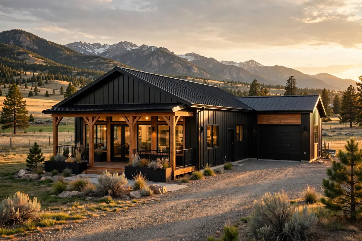Finished black barndominium exterior with attached garage in rural Idaho at sunset