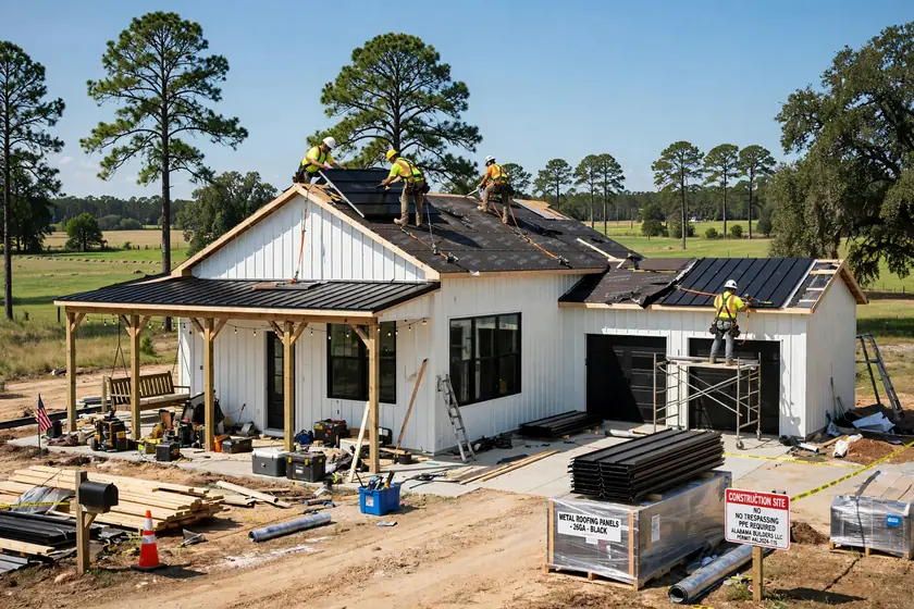 Metal roofing installation on an Alabama barndominium showing the cost per sqft in labor and materials