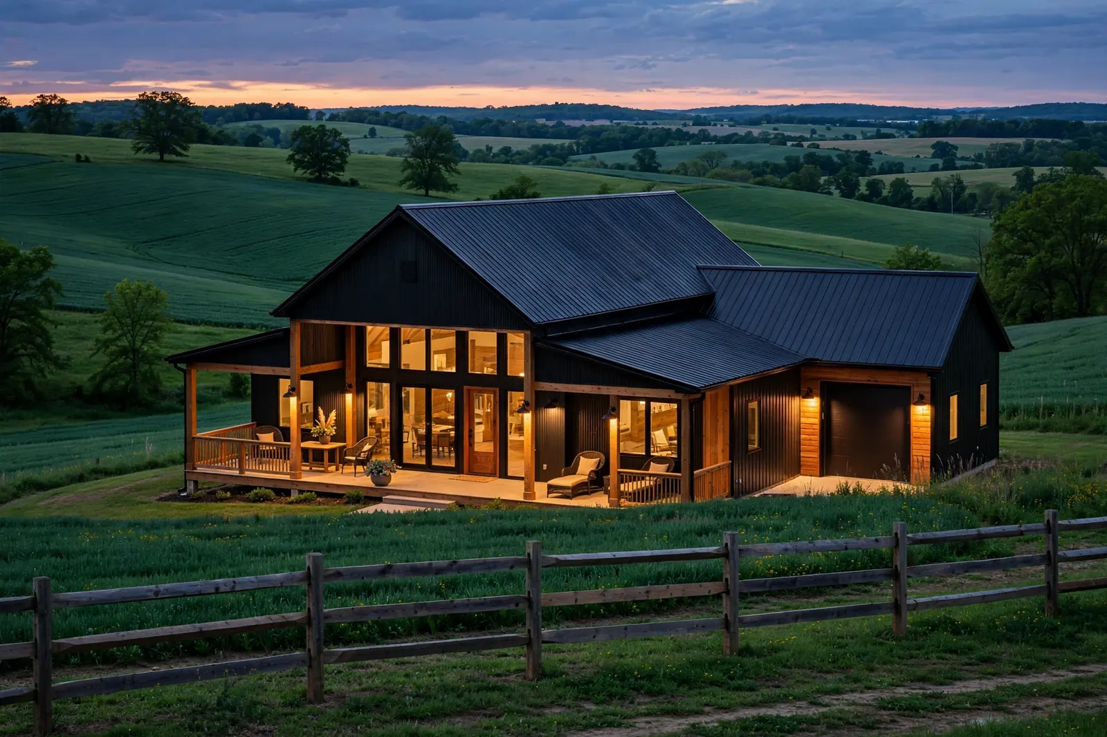 Barndominium cost per sqft in Kentucky — modern black metal home lit at dusk