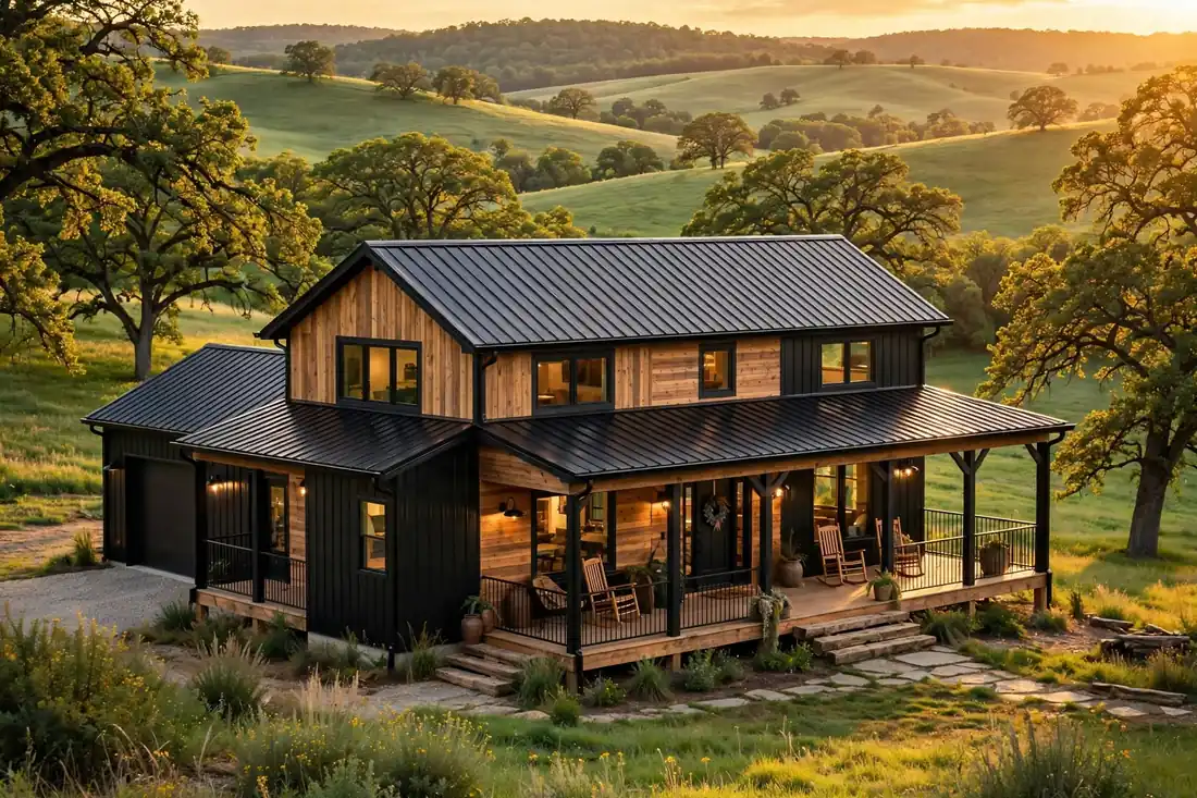 Barndominium cost per sqft in Missouri — finished home with metal roof and wraparound porch at golden hour