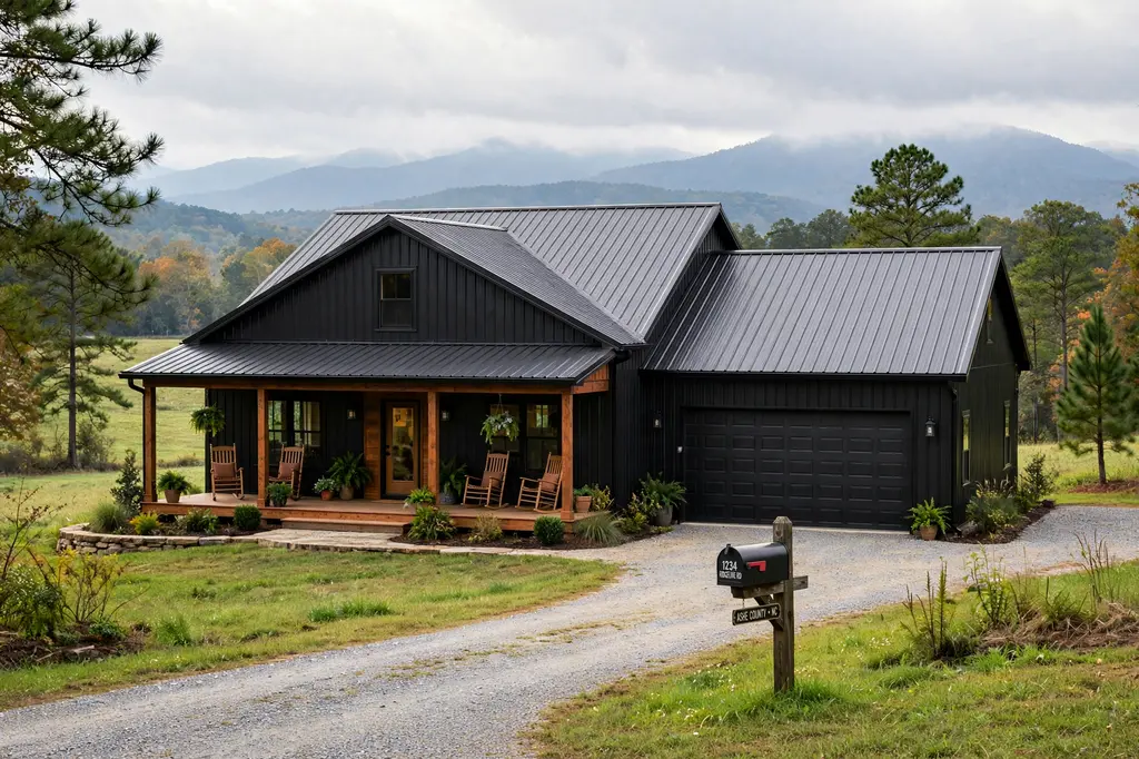 Finished black barndominium with wraparound porch in Ashe County, North Carolina — example of a mid-range Barndominium Cost Per Sqft in North Carolina build