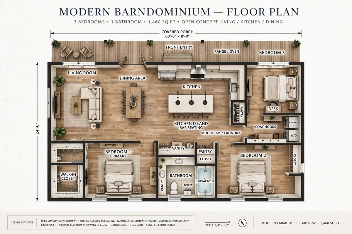 barndominium cost per sqft in oklahoma - 1460 sqft 3 bedroom floor plan