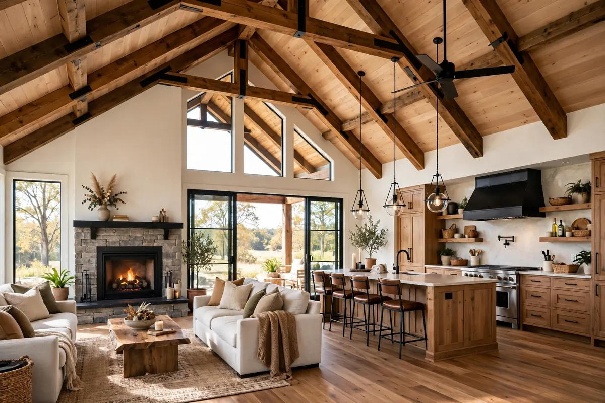 barndominium cost per sqft in oklahoma - open concept kitchen and living room with vaulted timber ceiling