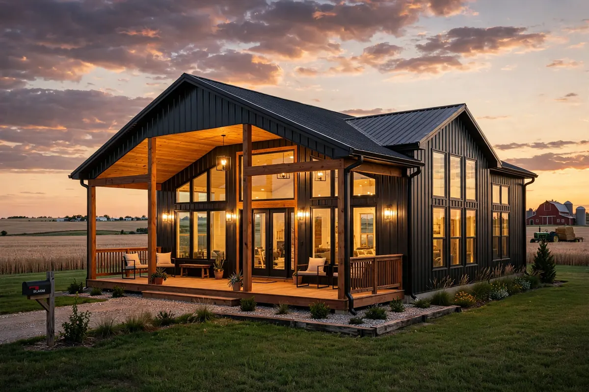 barndominium cost per sqft in oklahoma - modern black barndo at sunset