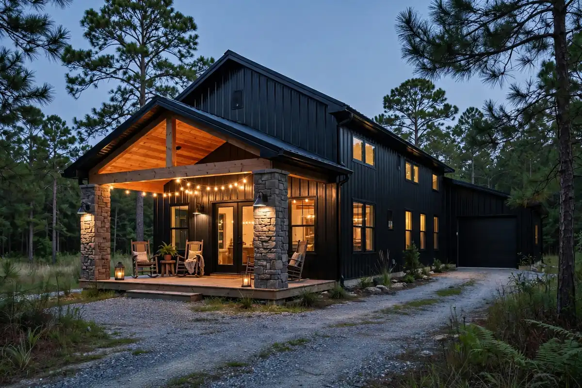 Finished black board-and-batten barndominium with stone-column covered porch at dusk, South Carolina — example of a mid-range Barndominium Cost Per Sqft in South Carolina build