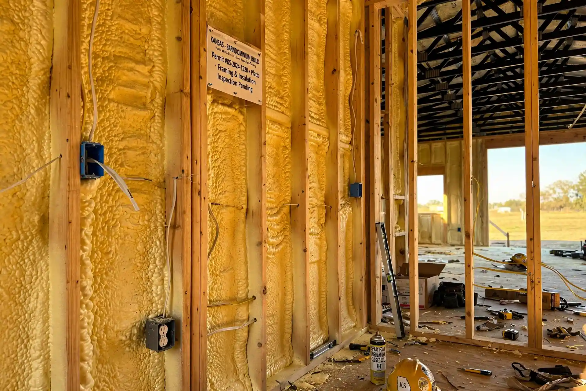 Barndominium cost per sqft in Kansas includes insulation and electrical rough-in, shown here mid-installation