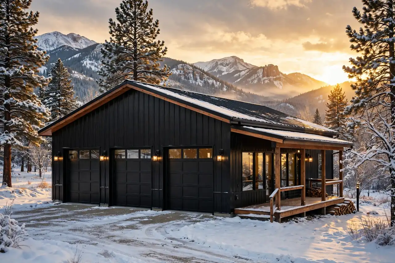 Barndominium cost per sqft in Montana — black metal exterior with three-car garage at sunset