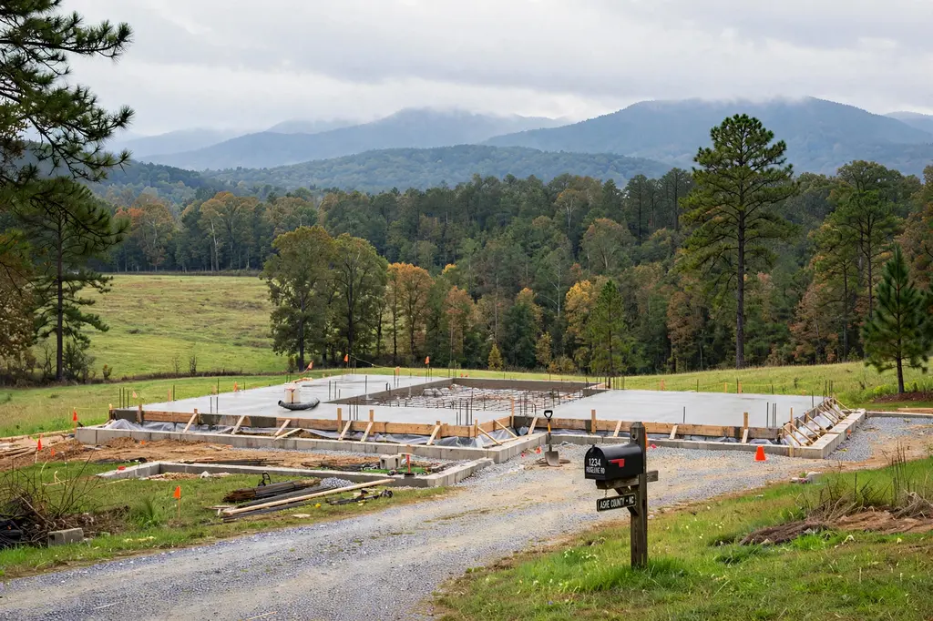 Poured concrete foundation slab for a barndominium construction site in North Carolina
