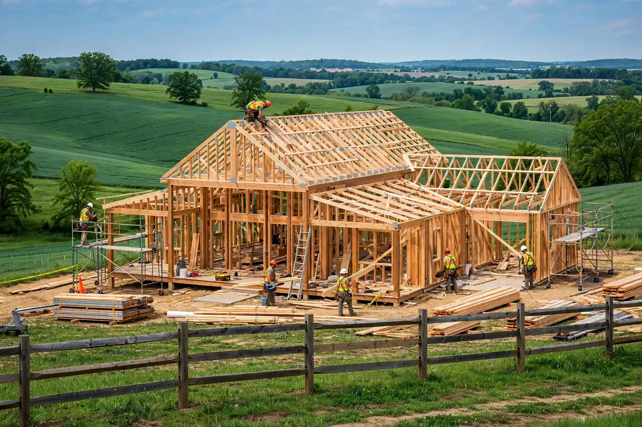 Wooden frame construction stage of a Kentucky barndominium build