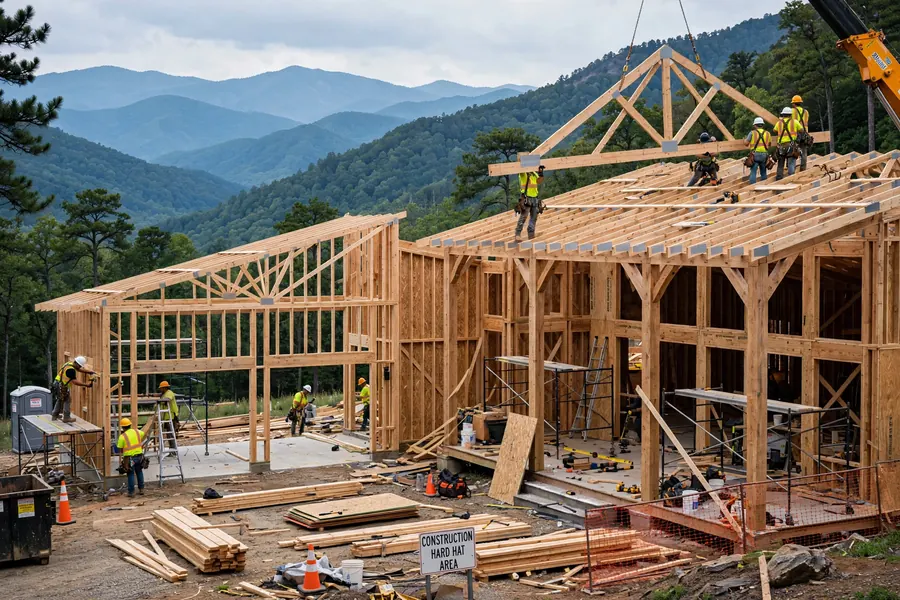 Wood-framed roof trusses being lifted by crane onto a Tennessee barndominium under construction in the mountains