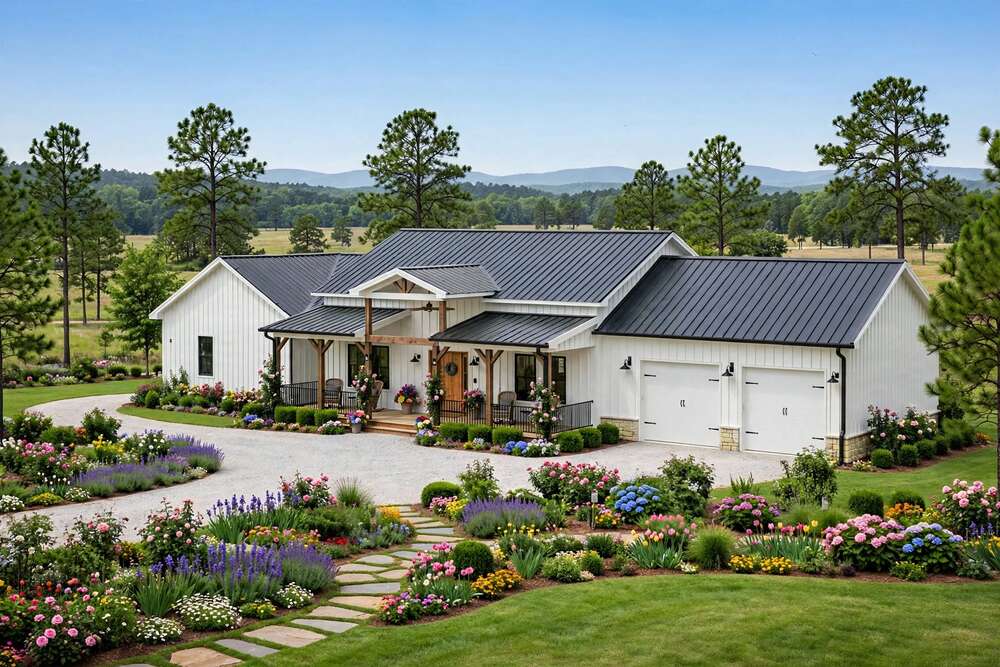 barndominium cost per sqft in Arkansas — finished exterior with garden landscaping