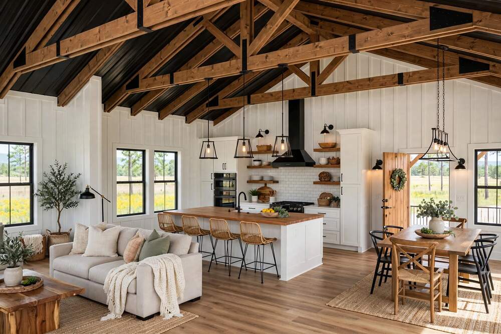 Open-concept barndominium interior with vaulted wood-beam ceiling