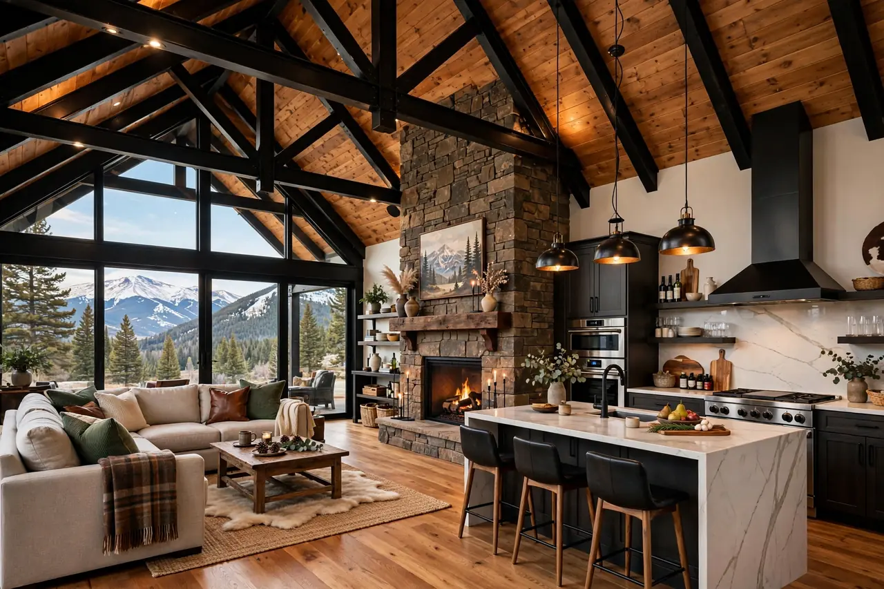 Open concept barndominium living room and kitchen interior with mountain views in Colorado