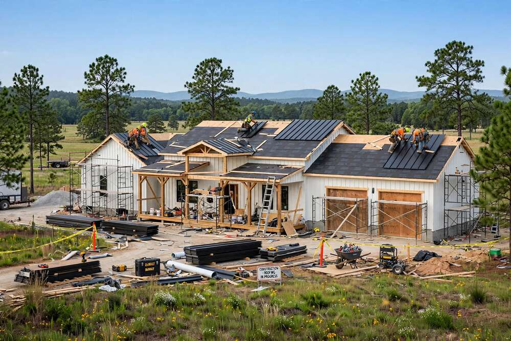 Roofing crew installing metal panels on a barndominium under construction