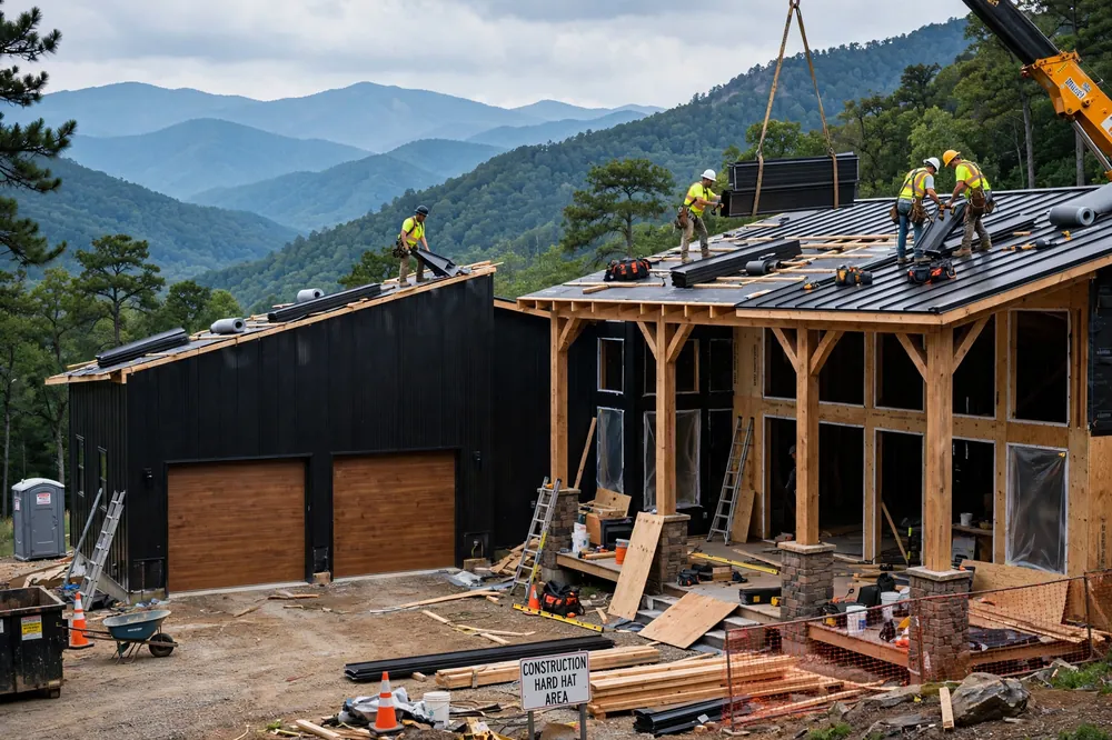 Construction crew installing standing-seam metal roofing on a Tennessee barndominium with Smoky Mountains in the background