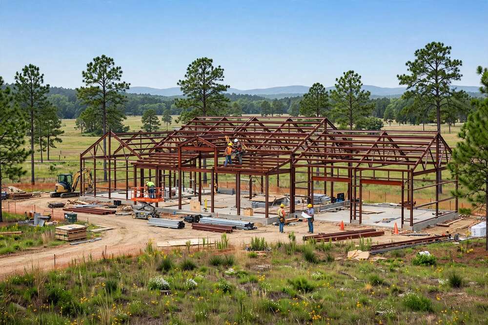 Steel frame construction of a barndominium in Arkansas showing structural posts and roof trusses