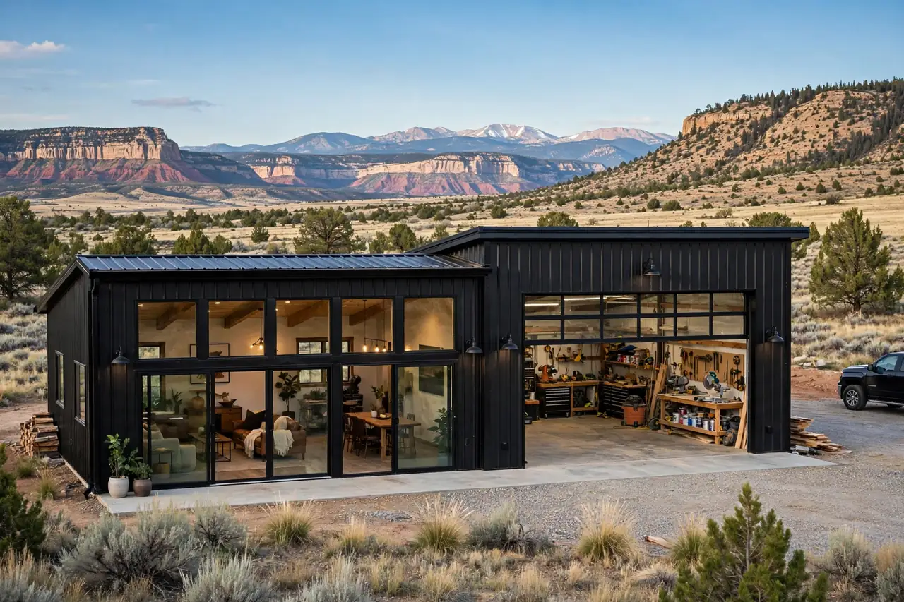 Barndominium with attached workshop and garage bay on rural Colorado land