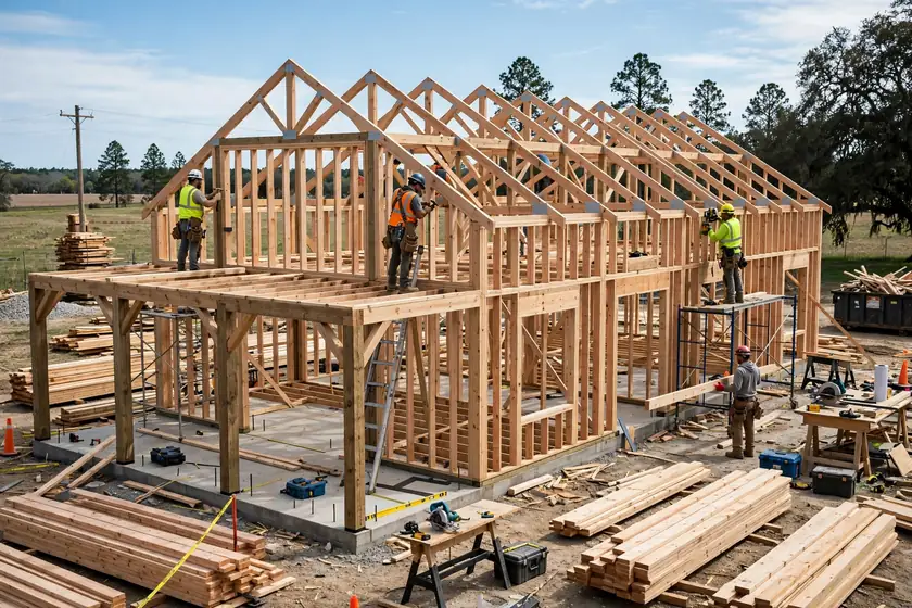 Barndominium structural framing stage of construction in Alabama