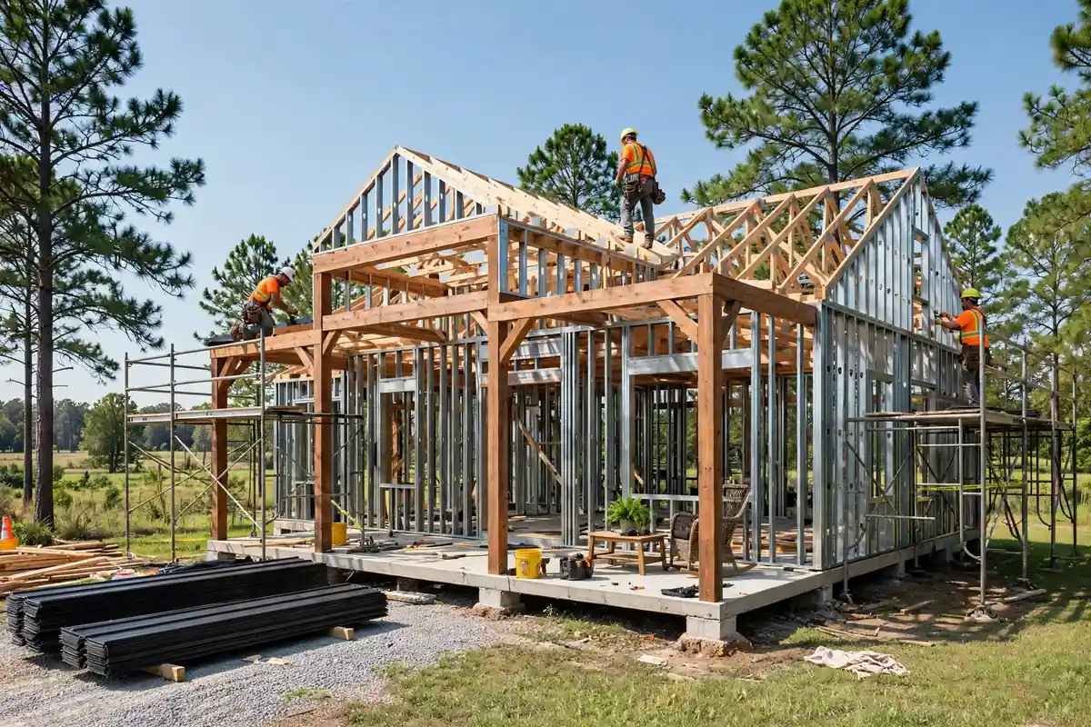 Barndominium wood and steel frame construction with workers on scaffolding in Georgia